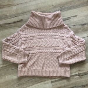 Pink Knit Oversized Turtleneck Sweater with Cable knit Details